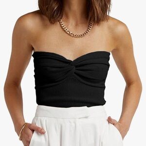 Womens Tube Tops Twist Knot Front Knit Bandeau Strapless Ribbed Sleeveless